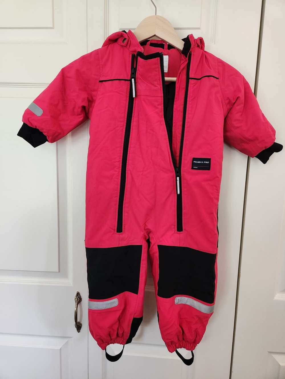 Polarn O Pyret Pink Kids One-Piece Snowsuit with Black Accents. Size 1Y-1.5Y
